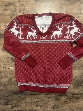 Red V-Neck Reindeer Holiday Sweater